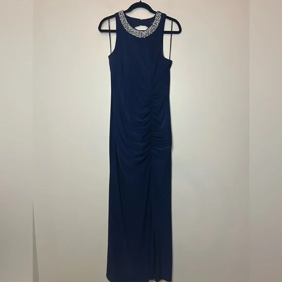 MSK Pearl Beaded Neck Size 10 Navy Blue Front Slit Full Length Gown Dress - Picture 4 of 7